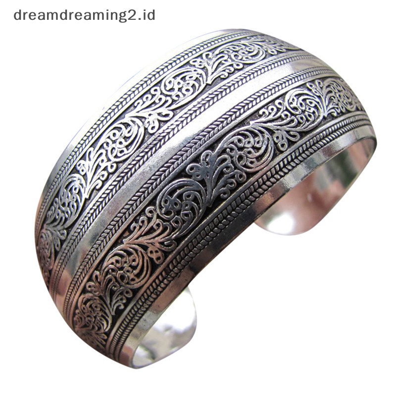 (drea) Tibet Perak Disepuh Tibet Totem Bangle Perhiasan Manset Gelang Lebar Antik Wanita//