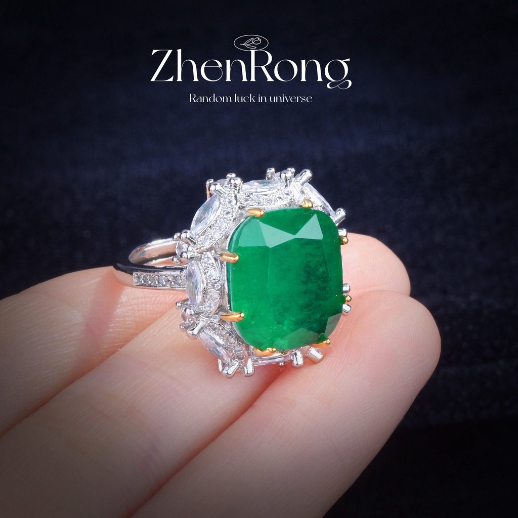 Goldkingdom Aksesoris Perhiasan Fashion Ready Stock Mewah Perak Natural Emerald Persegi Panjang Berlian Hijau Warna-Warni Harta Cincin Perempuan
