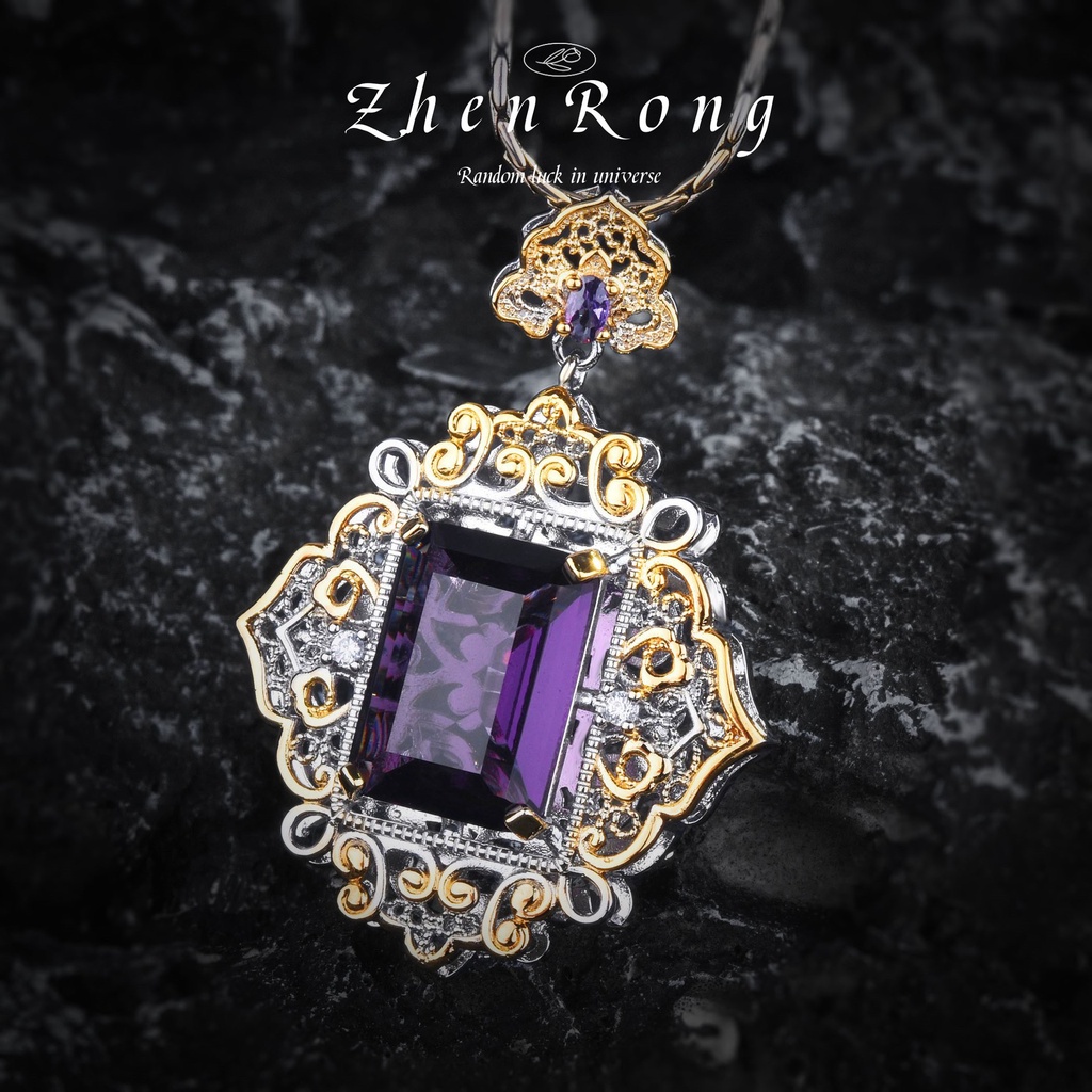 Goldkingdom Aksesoris Perhiasan Fashion Ready Stock Anyaman Ukir Emas Amethyst Istana Angin Renda Berongga Berlian Ungu Liontin Kalung