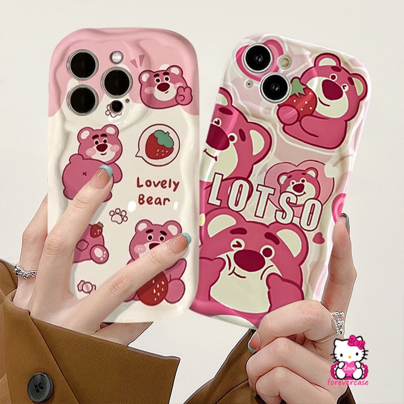 Casing Ponsel Tepi Melengkung Bergelombang 3D Yang Indah Kompatibel Untuk IPhone XR XS X Max 7Plus 11 13 12 14 Pro Max 7 6s 6 8 Plus SE 2020 Kawaii Couple Kartun Strawberry Bear Manyo Lembut Tpu Cover