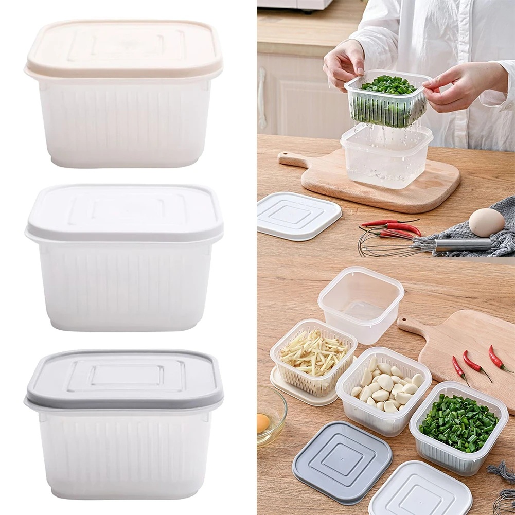 Double-layer Fresh-keeping Drain Basket Sealed Storage Box Dengan Tutup Kulkas Dapur Saringan Alat Buah Sayuran Jahe Bawang Putih Draining Strainers Wadah Case