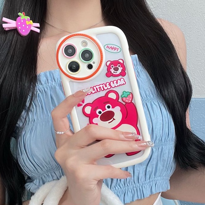 Circular Camera Protect Cream Soft Case IPhone 11 13 12 14 PRO Max Phone Case for Women Girl Cute Lotso Winnie the Bear Strawberry Bear