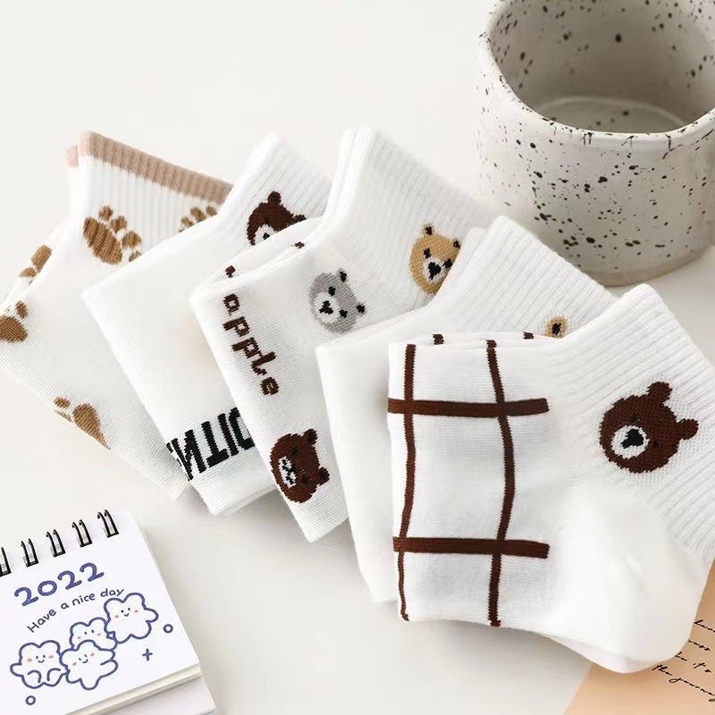 T&amp;Y Kaos Kaki Pendek Wanita Karakter Beruang Garis Lucu 6770 Kaus Kaki Motif Bear Line Kaoskaki Fashion Korea Women Sock