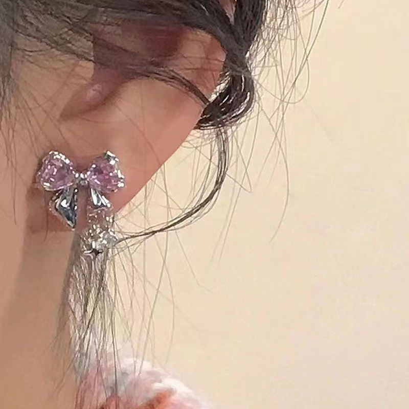 Y2k Bow Kalung Pink Kristal Kupu-Kupu Anting Perak Rings Untuk Wanita Fashion Perhiasan Aksesoris