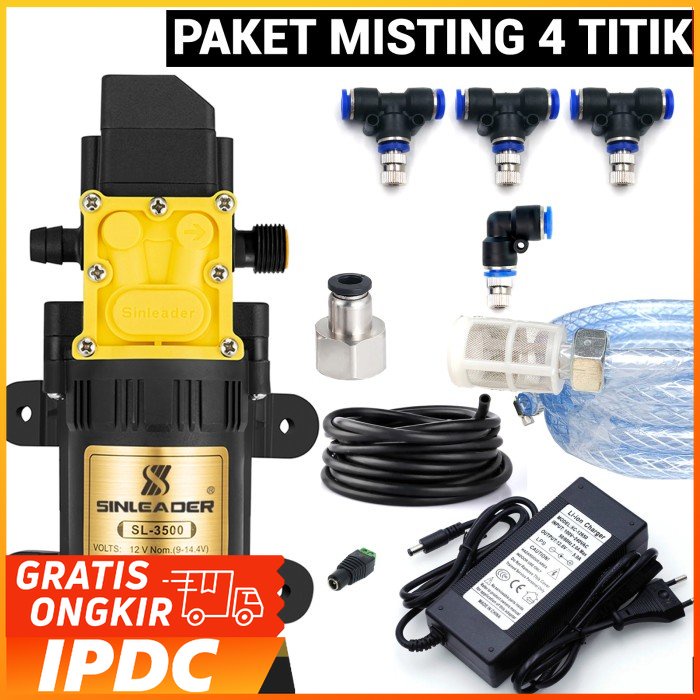 Paket misting kabut 4 titik Nozel 0.8mm Pompa sinleader 3500 original Sinleader