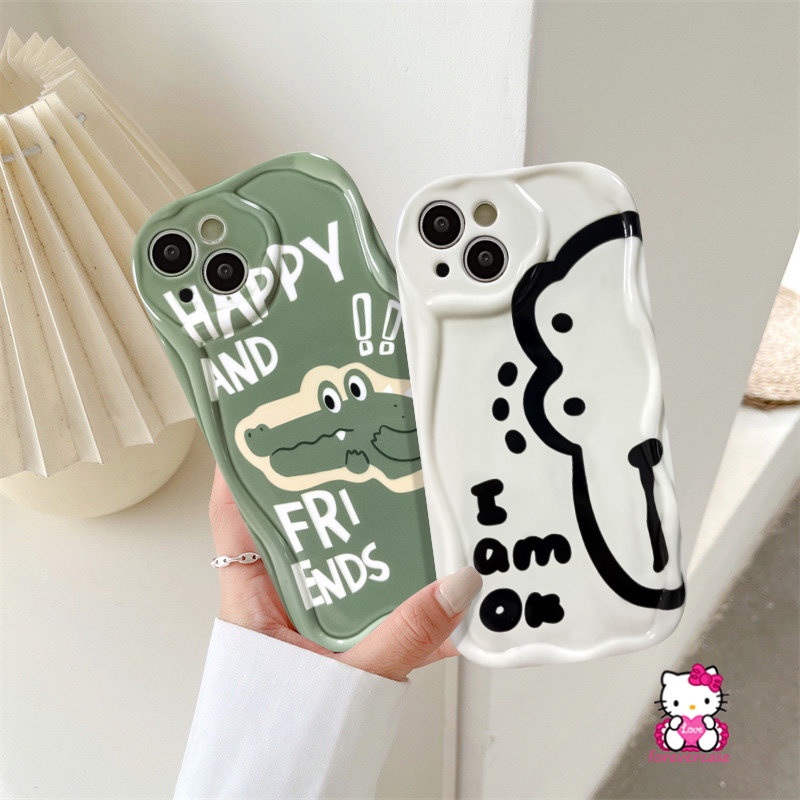 IPHONE Casing Tepi Melengkung Bergelombang 3D Kompatibel Untuk Iphone11 12 13 14 Pro Max 6s 7 8 6 Plus XR X XS Max SE 2020 Kartun Lucu Hijau Crocodile Pasangan Shockproof Lembut Tup Cover