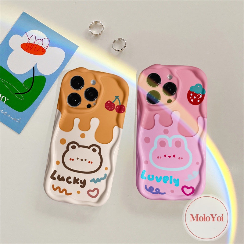 Casing Pasangan Tepi Melengkung Bergelombang 3D Kompatibel Untuk IPhone XR XS X Max8 7 6 6s Plus 11 13 14 12 Pro Max SE 2020 Doodle Lembut Tpu Kartun Cherry Ice Cream Beruang Lucu Rabbit Phone Cover