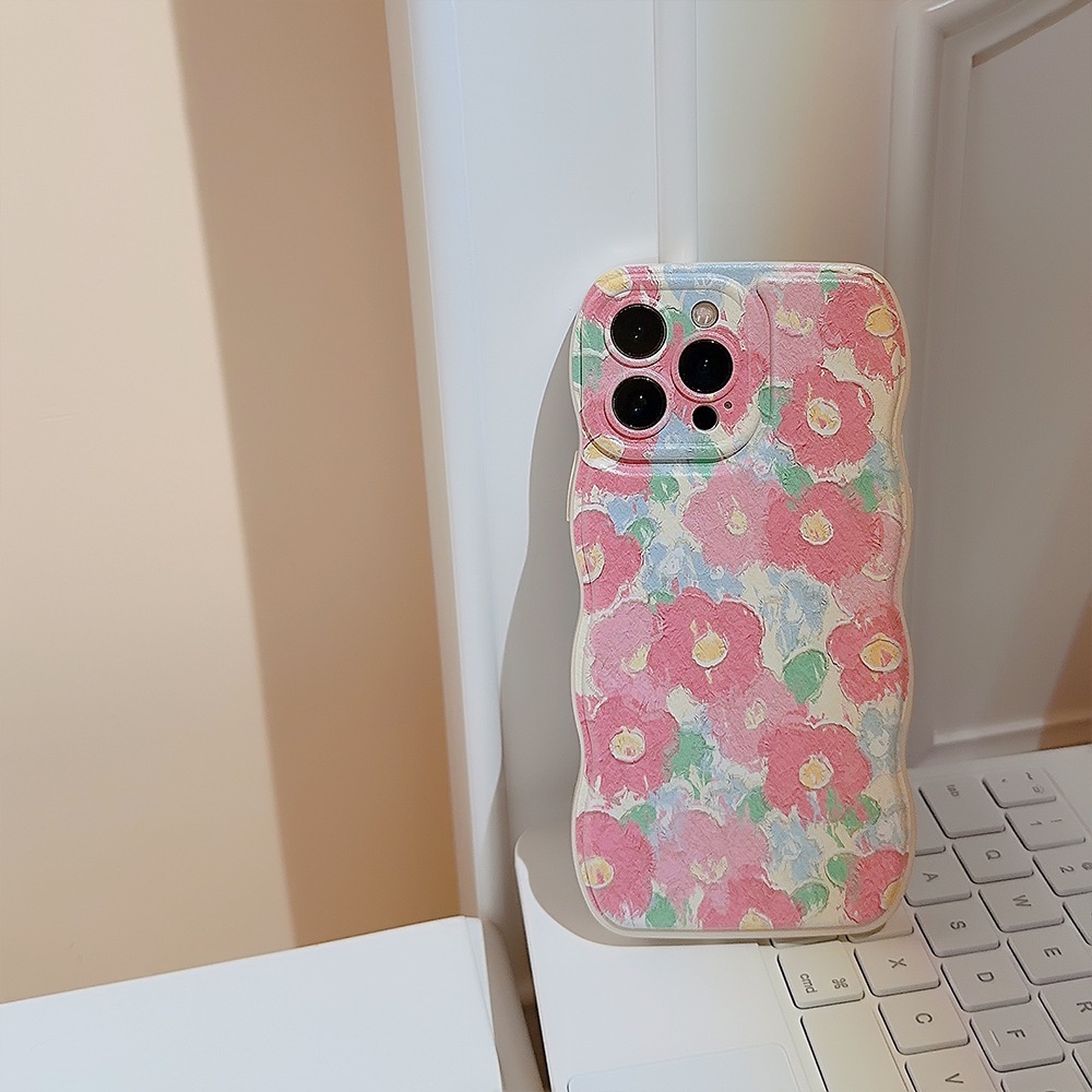 IPHONE Lukisan Cat Minyak Bunga Sakura Merah Muda Ponsel Case Perlindungan Penuh Berbentuk Gelombang Lembut Cover Pelindung Untuk Iphone11 12 13 14 PLUS PRO MAX