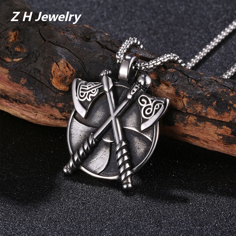 Z H Perhiasan Vintage Nordic Viking Kapak Ganda Jimat Hip Hop Liontin Pria Dan Wanita Fashion Anti Karat Kalung Punk Pesta Batu Baja Titanium Perhiasan Aksesoris