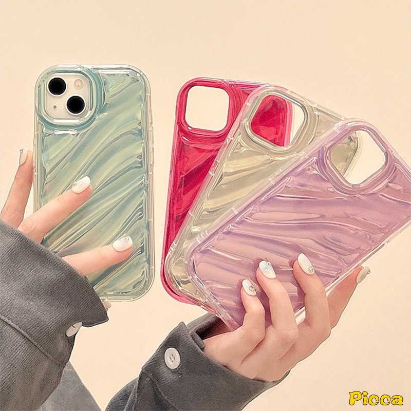 IPHONE 3d Wavy Curved Luxury Ins Dazzle Laser Color Case Kompatibel Untuk Iphone11 13 12 14 Pro MAX 7-8 6 6S Plus XR X XS MAX 7Plus 8Plus SE 2020 Soft Tpu Simple Macaron Color Back Cover