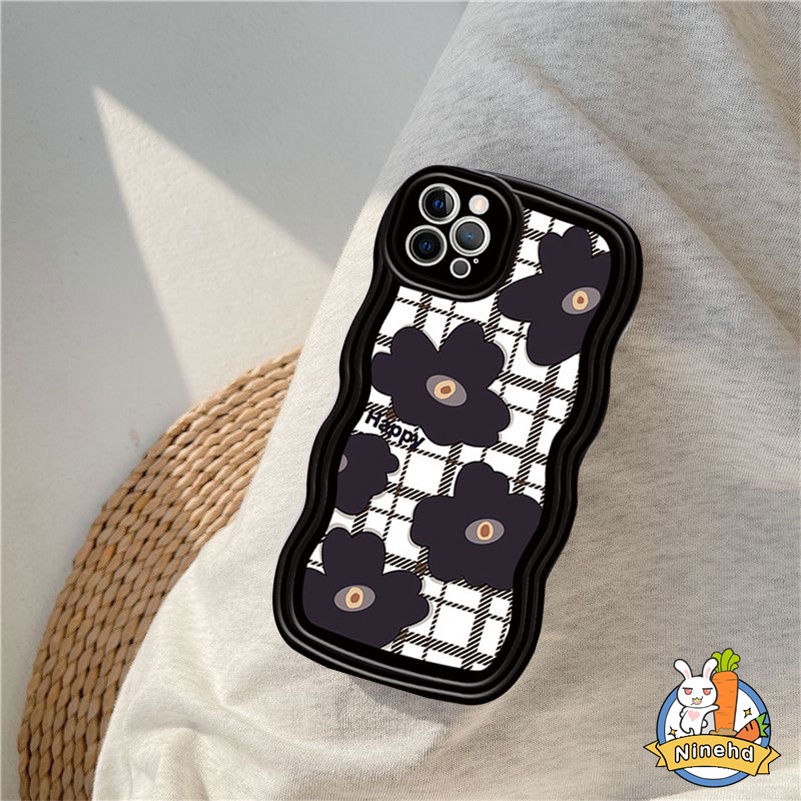 IPHONE Casing Kompatibel Untuk Iphone14 13 12 11 Pro Max X Xr Xs Max8 7 6 6s Plus SE 2020 Retro Hitam Camellia Bertekstur Tepi Gelombang Casing Ponsel Cakupan Penuh Perlindungan Lensa Shockproof Case