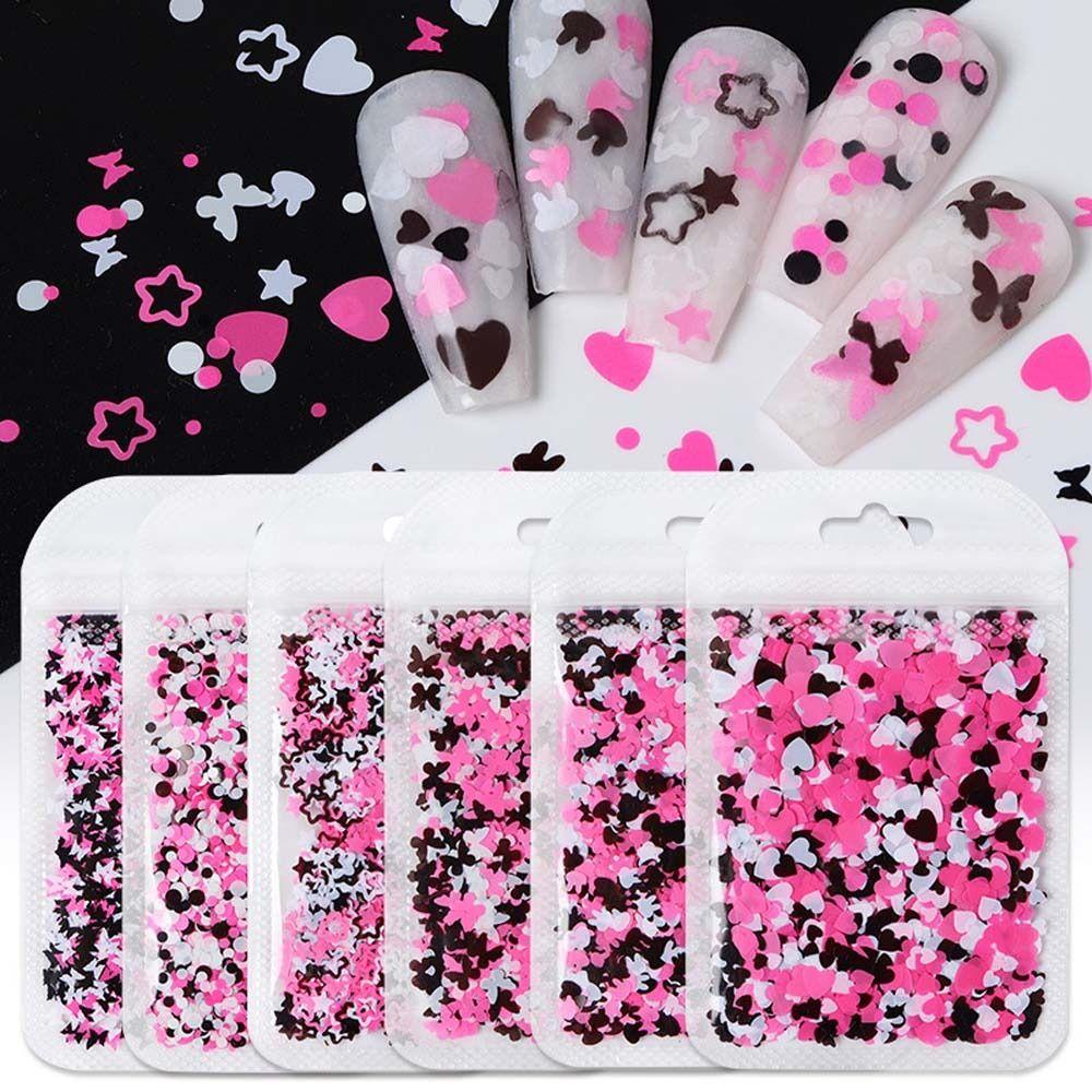 Needway Bintang Kuku Payet Wanita Hitam Pink Cinta Hati Kupu-Kupu Kelinci Nail Art Patchs Nail Glitter Flakes