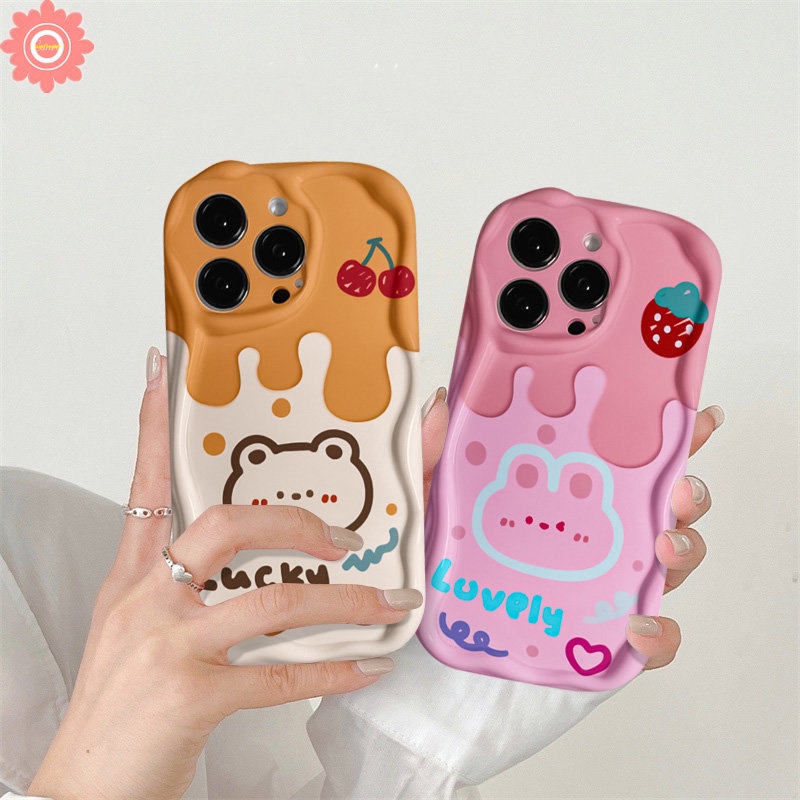 Casing Ponsel Kelinci Ice Cream Lucu Kompatibel Untuk IPhone XR 11 13 12 14 Pro Max7 8 6s 6 Plus X XS Max SE 2020 Kartun Beruang Ceri Lembut Tpu 3D Bergelombang Tepi Melengkung Pasangan Cover