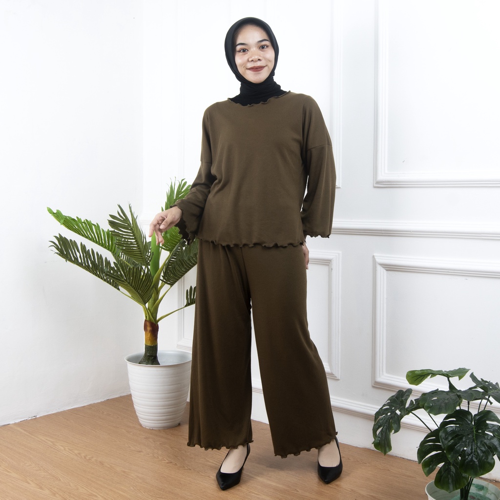 BEFAST - ZNF OOTD WANITA ONESET LINA / LOREN ONE SET KNIT / Set Atasan Lengan Panjang+Celana Kulot Panjang / Pakaian Casual Wanita Terbaru / Outfit Daily Wanita Hijab / Fashion kekinian Remaja ABG / Oneset Polos Terlaris