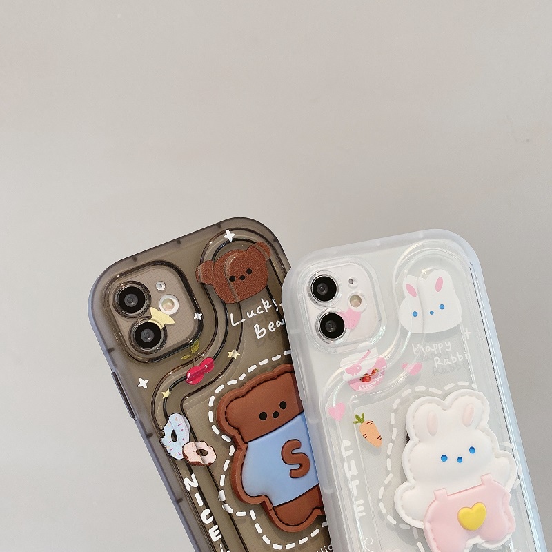 IPHONE Air sac Penebalan Pelindung case Untuk Iphone14 13 12 11 Pro MAX X XR XS Max7 8 Plus Stereoskopik Kartun Beruang Kelinci Lucu Anti-drop