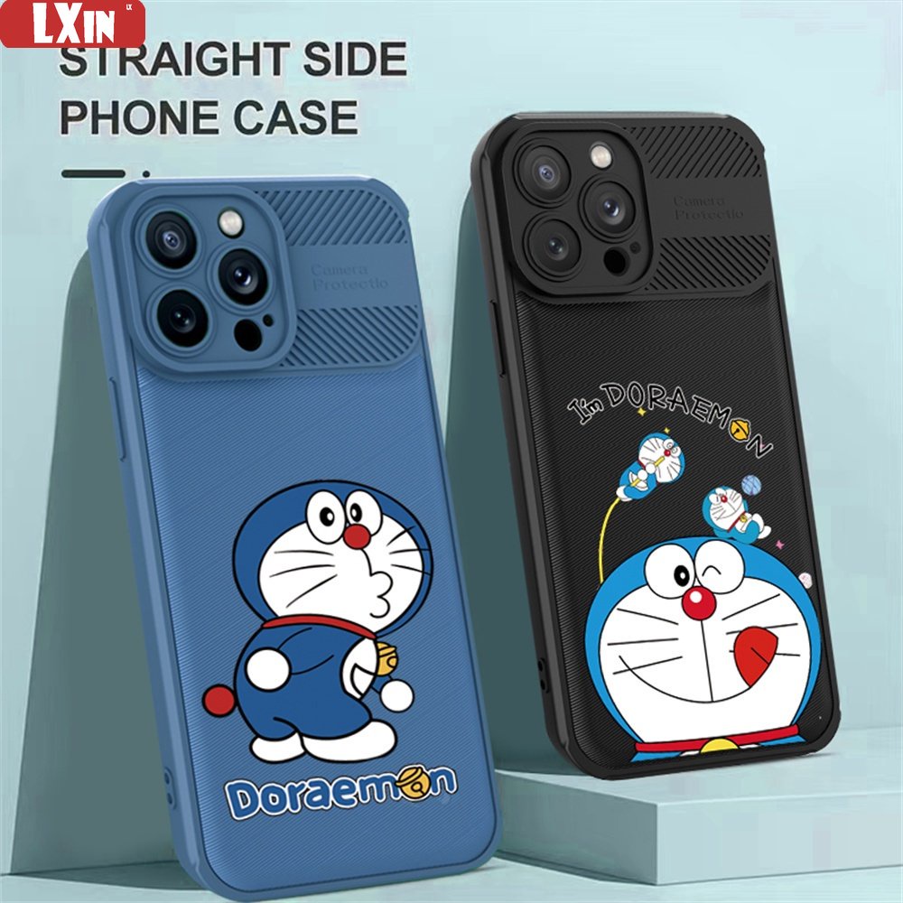 Case Serat Karbon Realme C55 C35 C33 C31 C21Y C25Y RealmeC25 C25S C15 C12 C3 C2 Realme 5 5i 5S 6i C3 Kartun Lucu Doraemon Cross Grain Phone Cover