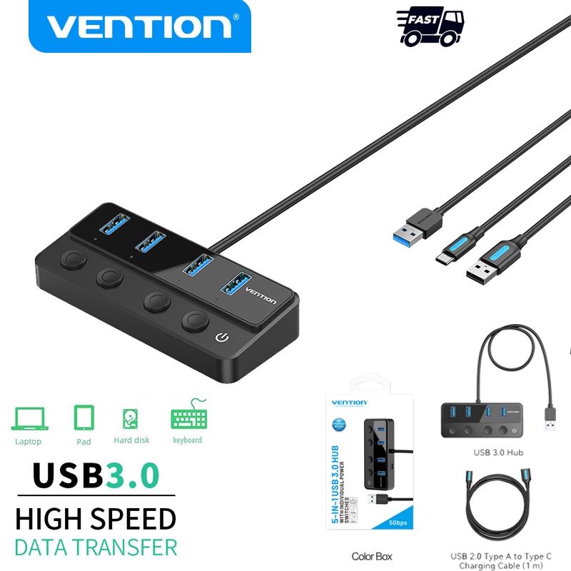 Vention 5In1 USB 3.0 Multi Port USB HUB Dengan Saklar Daya Individu USB-C 5Gbps Smart Charging Port USB C Adapter