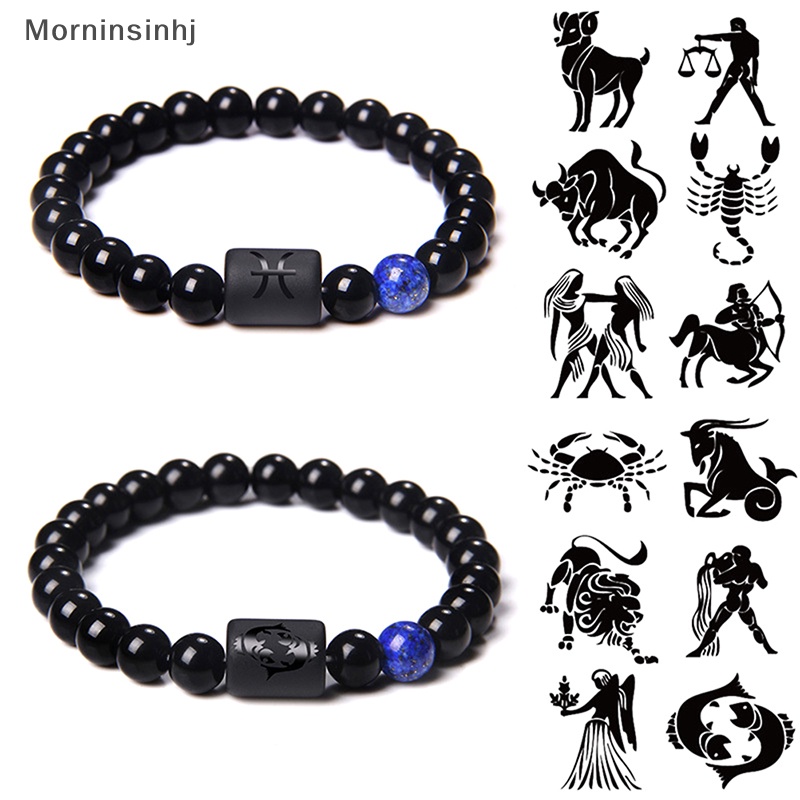 Mornin 12rasi Zodiak Tanda Manik-Manik Gelang Pasangan Batu Onyx Hitam Alami Elastis Charm Gelang Untuk Wanita Pria id