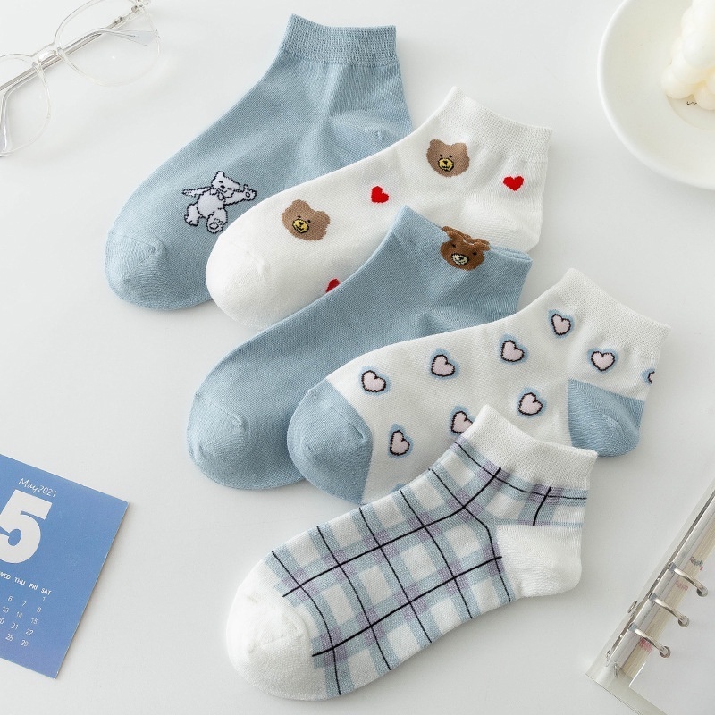 PA Kaos Kaki Wanita Pendek Motif Bear Love Biru Ankle Socks SS241