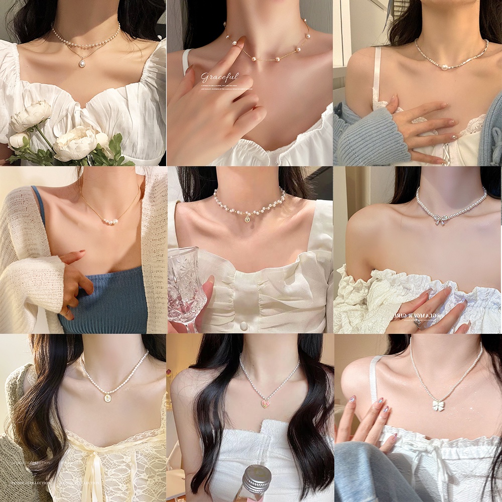 Retro Hati Kupu-Kupu Pasangan Kalung Mutiara Rantai Choker Liontin Necklace Untuk Wanita Fashion Perhiasan Aksesoris