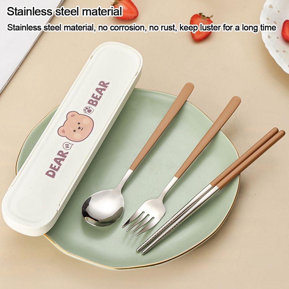 3pcs Set Peralatan Makan Portable304Stainless Steel Peralatan Makan Siswa Minimalis Peralatan Travel Sendok Garpu Sumpit Dengan Kotak Penyimpanan