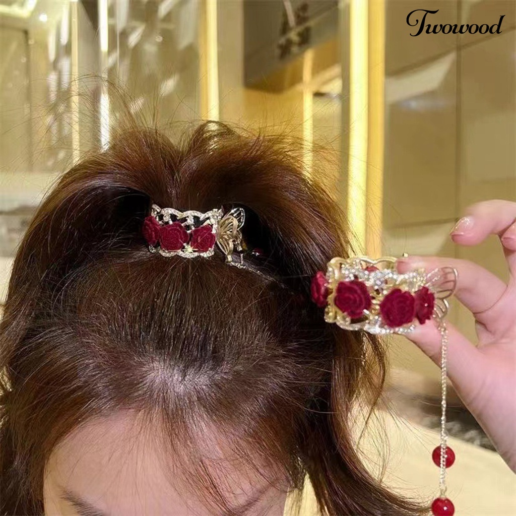 Twowood Ponytail Holder Claw Non-slip Cakar Kuat Bunga Dekorasi Shiny Rhinestone Rumbai Hiasan Rambut Manik-Manik Mawar Cakar Kuat Pegangan Rambut Aksesoris Rambut