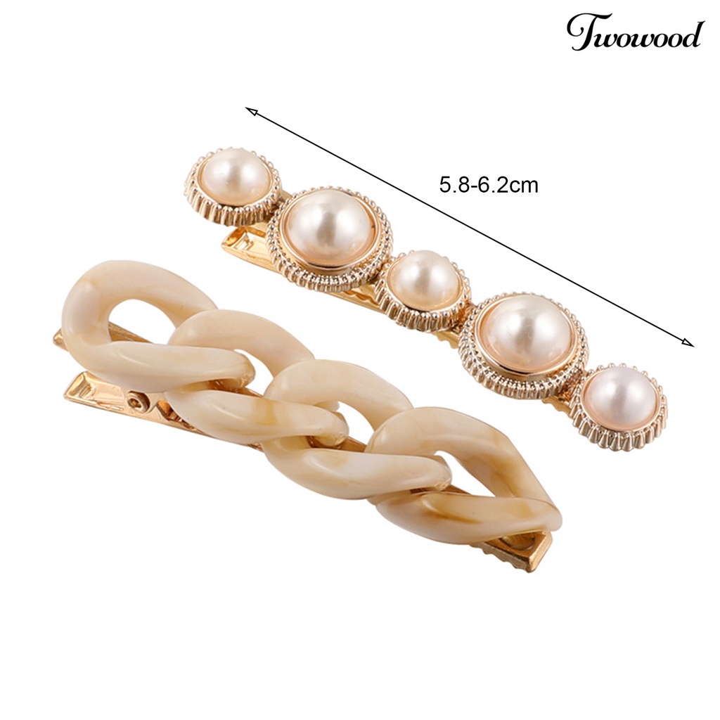 Twowood 2pcs/Set Wanita Jepit Rambut Mutiara Imitasi Non-slip Bentuk Rantai Geometris Ringan Hiasan Transparan Gadis Rambut Dekorasi Hair Clips Aksesoris Rambut