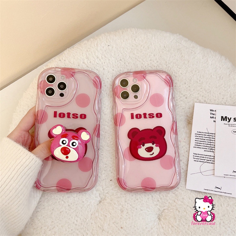 Casing Tepi Melengkung Bergelombang 3D Untuk Realme C53 C35 C3 C30 C55 C25Y C21Y C15 C33 C12 C21 C25s C17 C20A 9i 5 5s 7i 5i 6i C11 C25 C20 C31 Stand Holder Titik Gelombang Kartun Strawberry Bear Case