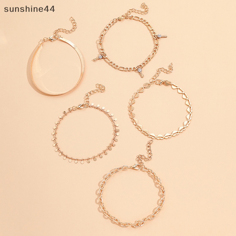 Sunshine 5pcs /set Gelang Kaki Rantai Warna Emas Bohemia Seksi Untuk Wanita Perhiasan Tren Musim Panas Manik Gelang Di Kaki Kaki Kaki Boho Hati Kupu-Kupu Pesona ID