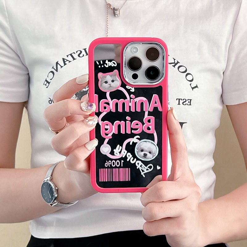 IPHONE Semua Baru Cermin Make up Sangat Lucu Pink Anjing Kucing Peliharaan Silikon Soft Case Iphone11 12 13 14 Pro Max Hadiah Fashion Wanita Kamera Elektroplated Merah Muda Merah Gadis Telepon Kasus Hewan Being