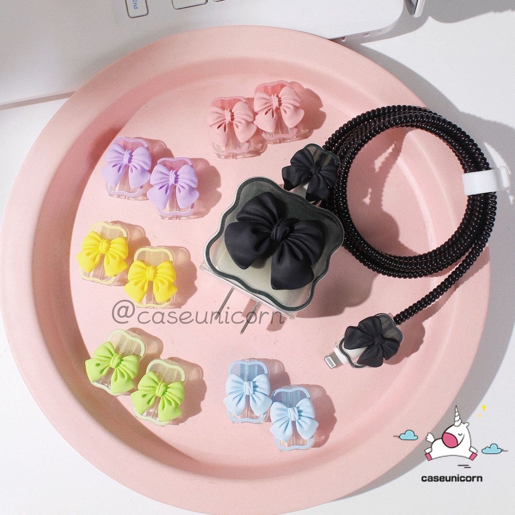 3d Macaron Warna Permen Manis Busur Charger Pelindung Charger Perlindungan Set Untuk iP 18/20W Charger Case USB Cable Bite Protector Cover