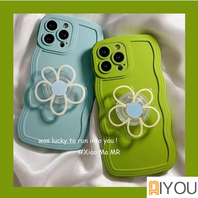 IPHONE Korean Cute Clear Flower Holder Stand Wave Matte Soft Case Untuk Iphone14 13 12 11 Pro Max Lovely Floral Grip Shockproof Cover