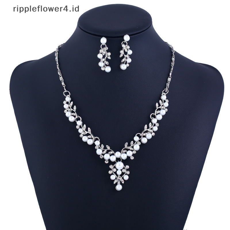 {rippleflower4.id} Set Perhiasan Kalung Anting Mutiara Imitasi Pengantin Elegan~