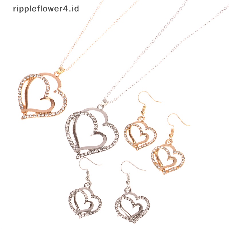{rippleflower4.id} Indah Ganda Hati Kalung Anting Set Perhiasan Pesona Wanita Perhiasan Fashion Bridal Aksesori Set Hadiah Romantis~