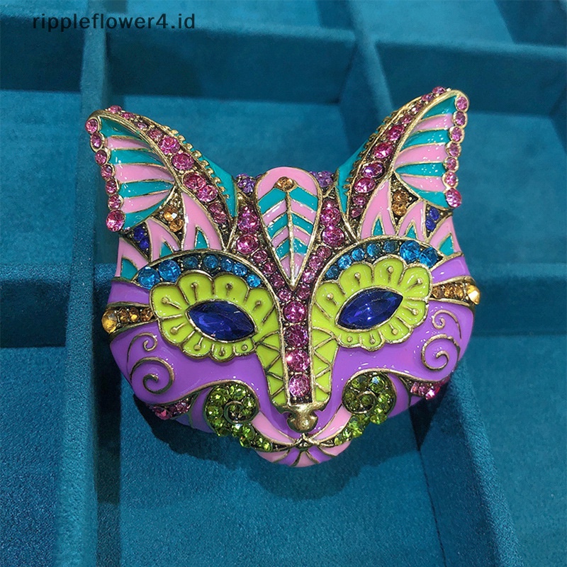 {rippleflower4.id} Besar Berat Multicolor Enamel Berlian Imitasi Kepala Kucing Bros Wanita Pesta Women Gift~