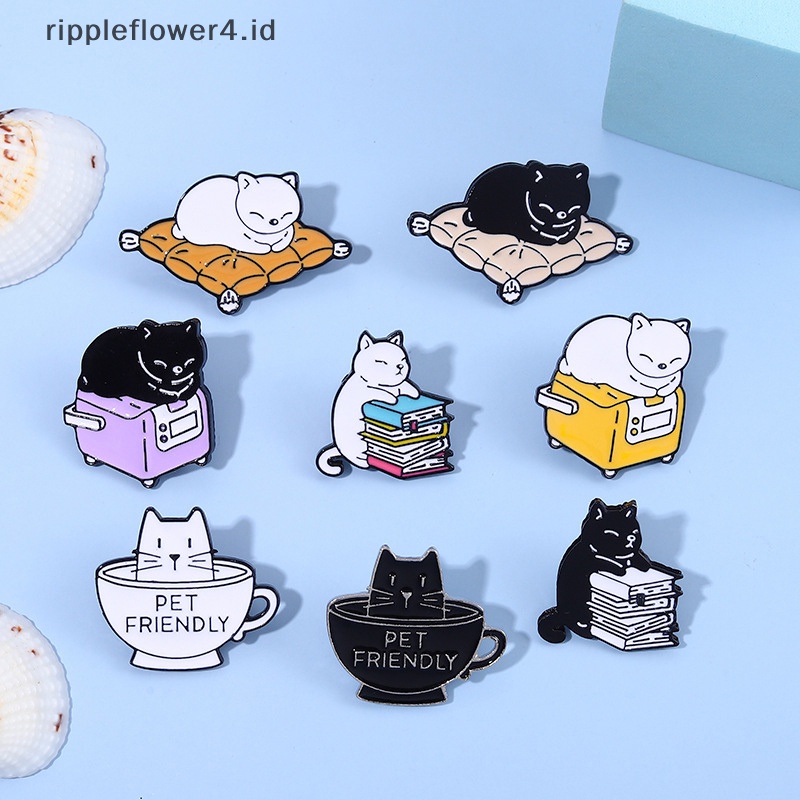 {rippleflower4.id} Kreatif Hitam Putih Pasangan Kucing Enamel Pin Cangkir Teh Kucing Bros Lucu Paduan Logam Bros Novelty Kartun Enamel Lucu Bros Pin Untuk Anak Wanita Kemeja Ransel