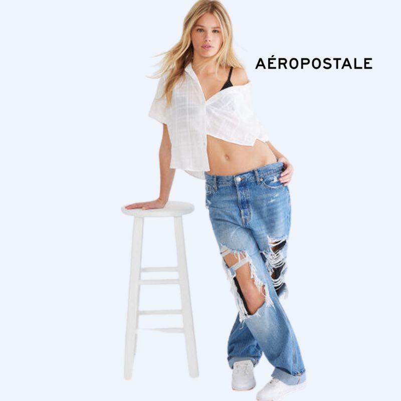 AEROPOSTALE Kemeja Pendek Crop Top Putih Aero Katun Wanita ORIGINAL