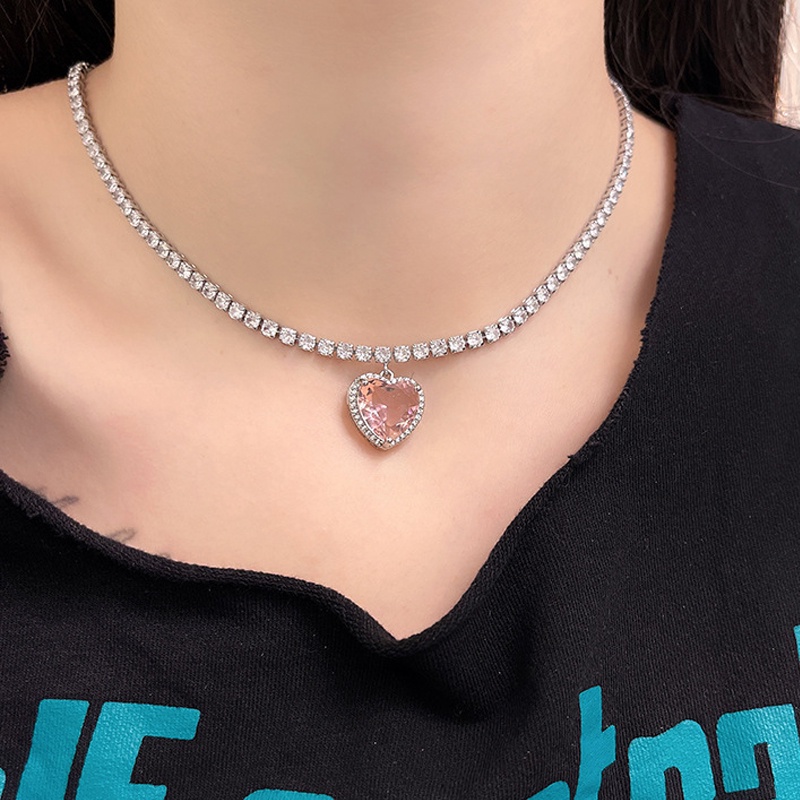 Wanita Manis Merah Muda Hati Liontin Kalung Wanita Vintage Elegan Kristal Klavikula Rantai Kalung Gadis Korea Fashion Choker Necklace Aesthetic Perhiasan Aksesoris