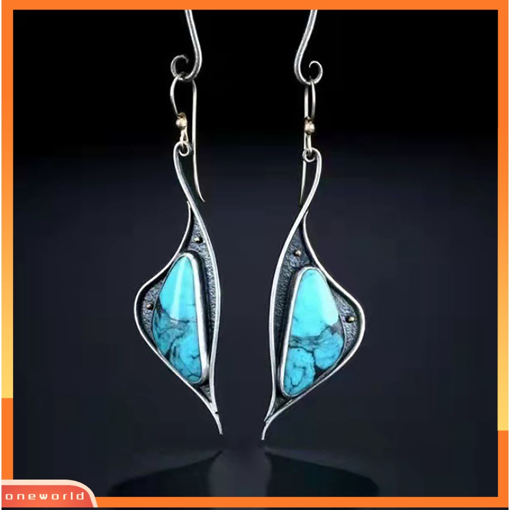 [WOD] 1pasang Tindik Compact Lady Earrings Alloy Blue Turquoise Irregular Hook Menjuntai Anting Perhiasan Aksesoris