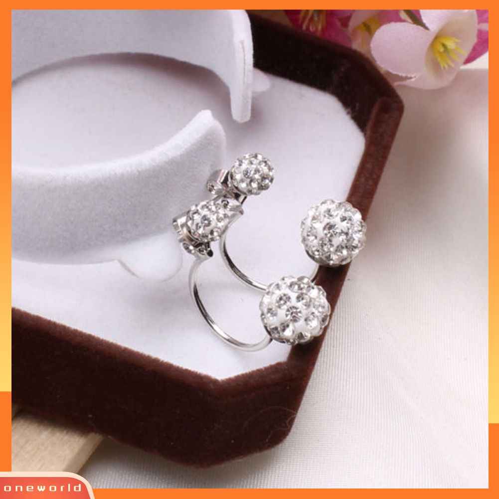 [WOD] 1pasang Perhiasan Wanita U-shape Double Beaded Rhinestone Ball Stud Earrings