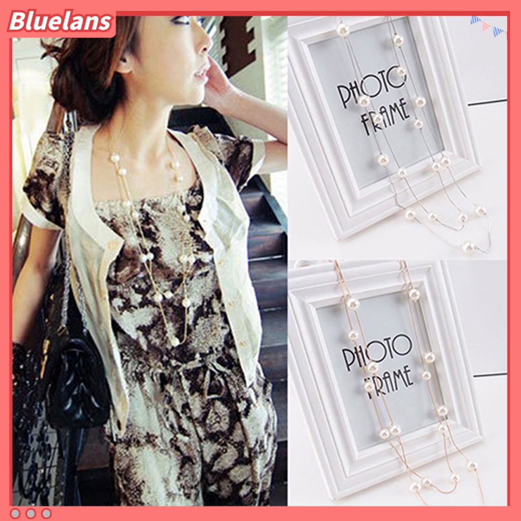 [BLS] Kalung Double Layer All-match Alloy Faux Pearl Decor Sweater Necklace Untuk Pesta