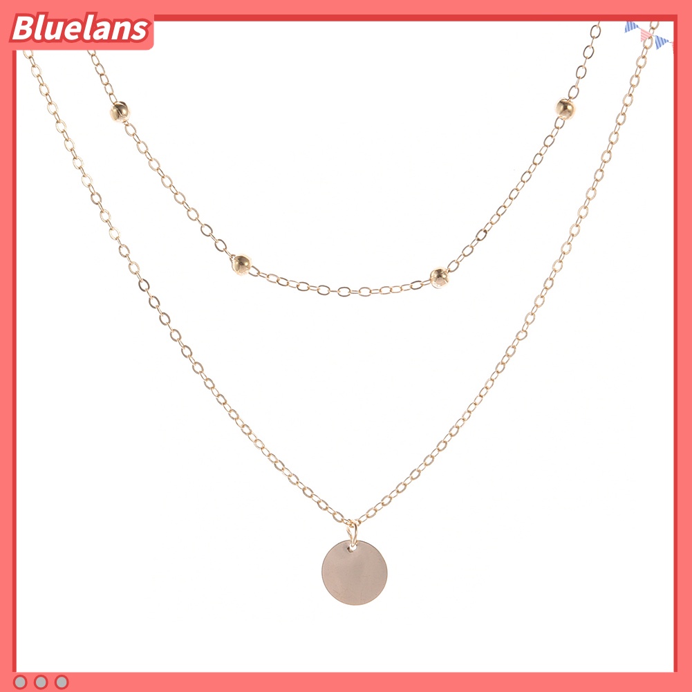 [BLS] Wanita 2-Layer Round Disc Menjuntai Klavikula Rantai Choker Kalung Pesta Perhiasan