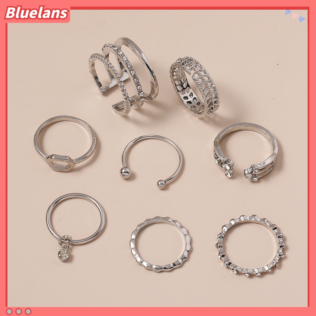 [BLS] 8pcs Cincin Wanita Geometris Berlian Imitasi Lady Shiny All Match Hexagon Rings Untuk Pacaran