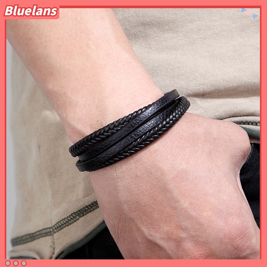 [BLS] Pria Gelang Vintage ic Gesper Anyaman Handmade Geometris Hias Hadiah Multilayer Bungkus Perhiasan Bangle Cowok Kulit Imitasi Untuk Kehidupan Sehari-Hari