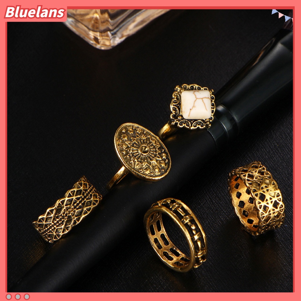 [BLS] 5pcs /Set Vintage Wanita Buku Jari Midi Ujung Tumpuk Cincin Perhiasan Hadiah Golden