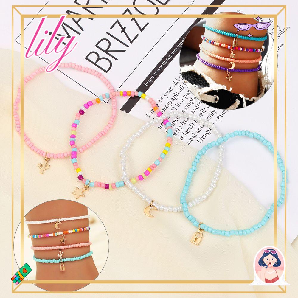 Lily 4PCS /SET Gelang Kaki Multilayer Elastisitas Gelang Kaki Bohemian Lucu Campur