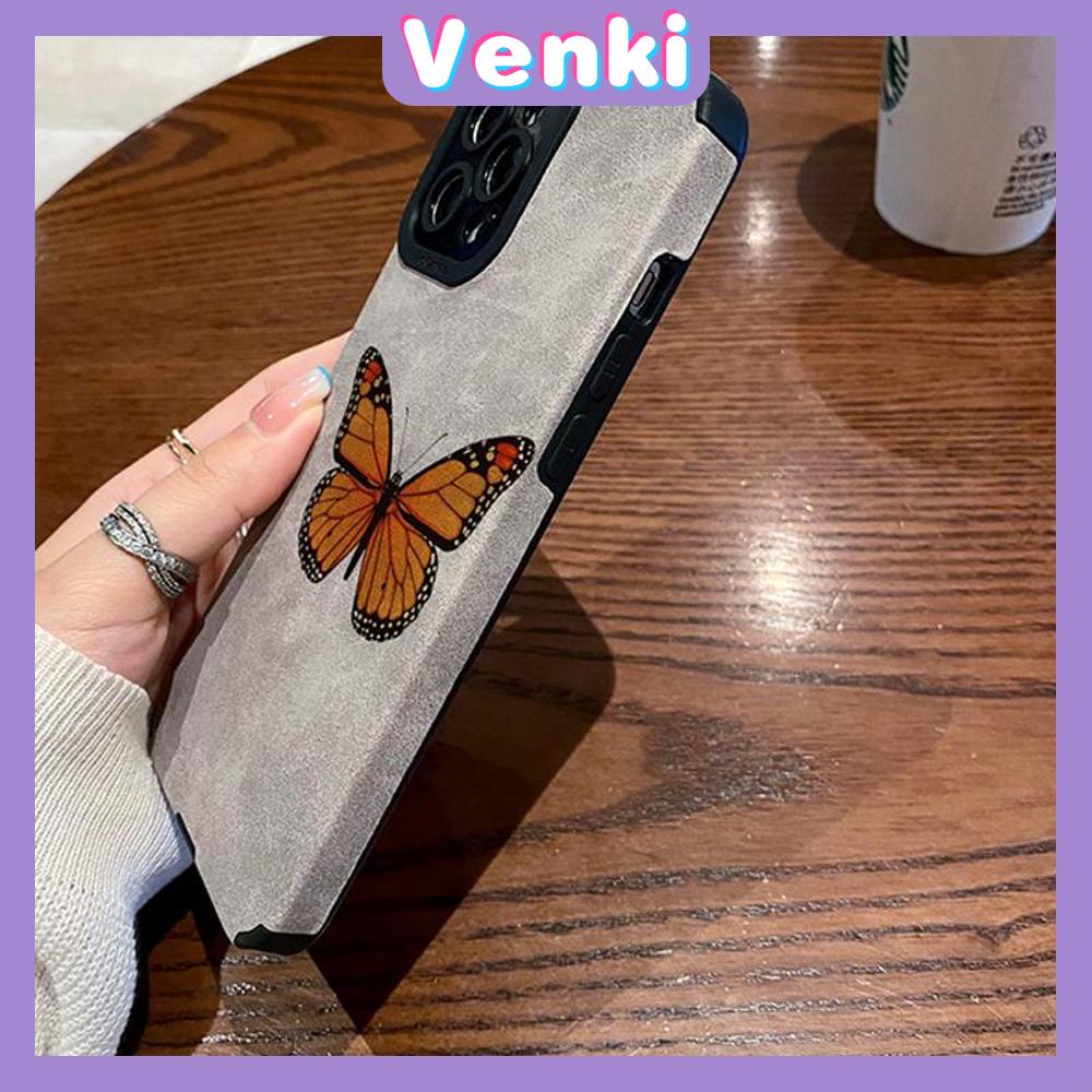 VENKI - Untuk iPhone 11 Case Leather Pupil Suede Cover Soft Shockproof Case Camera Simple Yellow Butterfly Kompatibel dengan iPhone 14 13 Pro max 12 Pro max xr xs 7Plus 8Plus