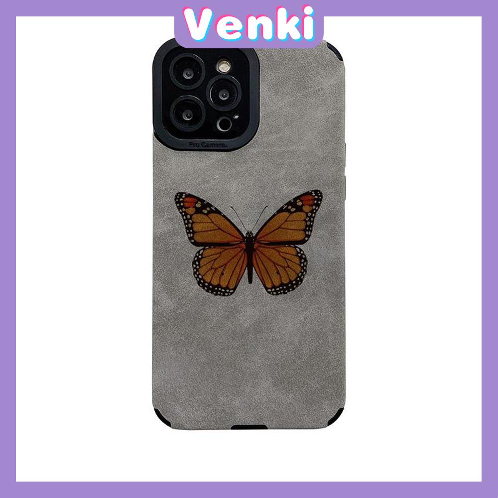 VENKI - Untuk iPhone 11 Case Leather Pupil Suede Cover Soft Shockproof Case Camera Simple Yellow Butterfly Kompatibel dengan iPhone 14 13 Pro max 12 Pro max xr xs 7Plus 8Plus