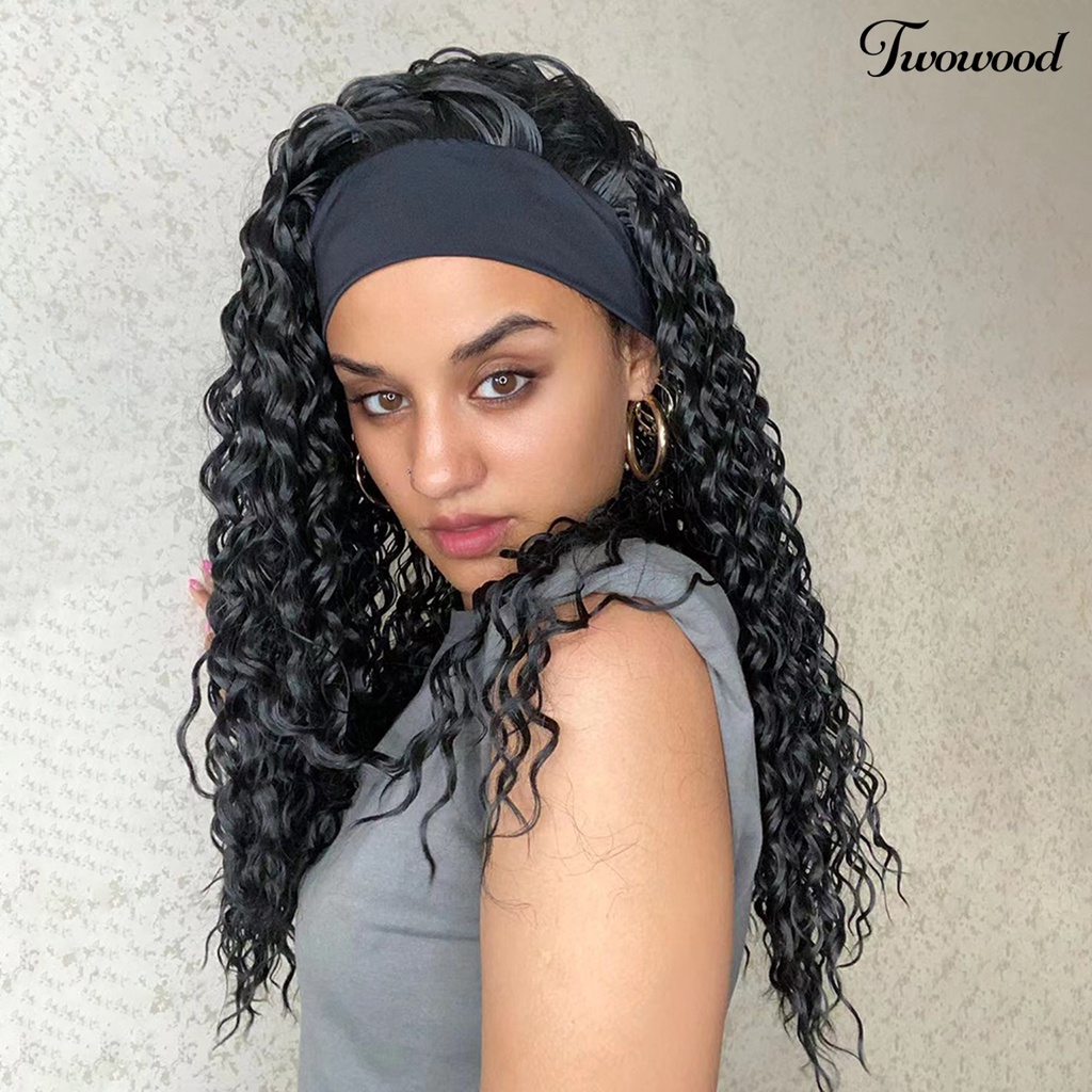 Twowood 24-Inch Wanita Wig Berbulu Tidak Menumpahkan Non-Tangle Ringan Tahan Sobek Gaya Rambut Dekorasi Warna Hitam Air Keriting Bando Rambut Manusia Wig Untuk Club