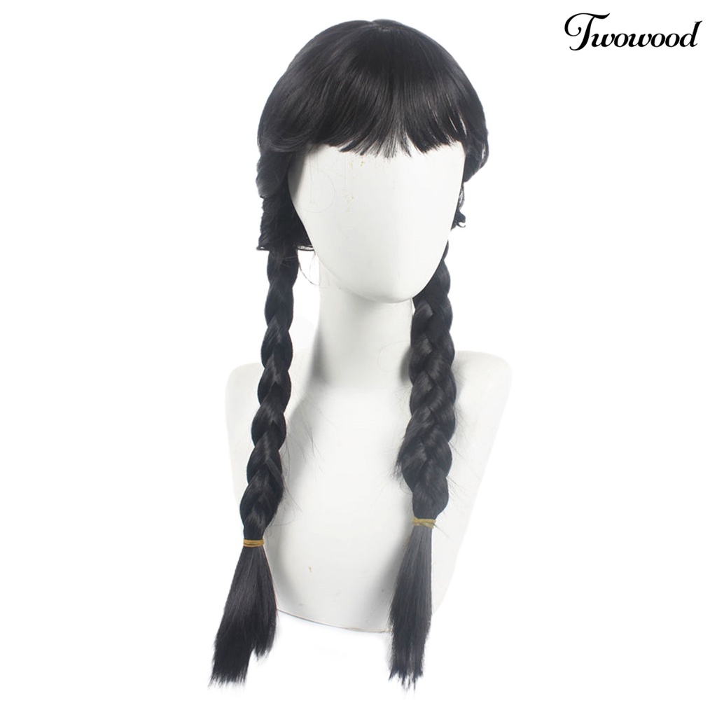 Twowood Cosplay Wig Simulasi Jangan Perm Halus Cakupan Penuh Bermain Peran Tanpa Simpul Panjang Hitam Kepang Rambut Dengan Poni Wanita Wig Pesta Supply